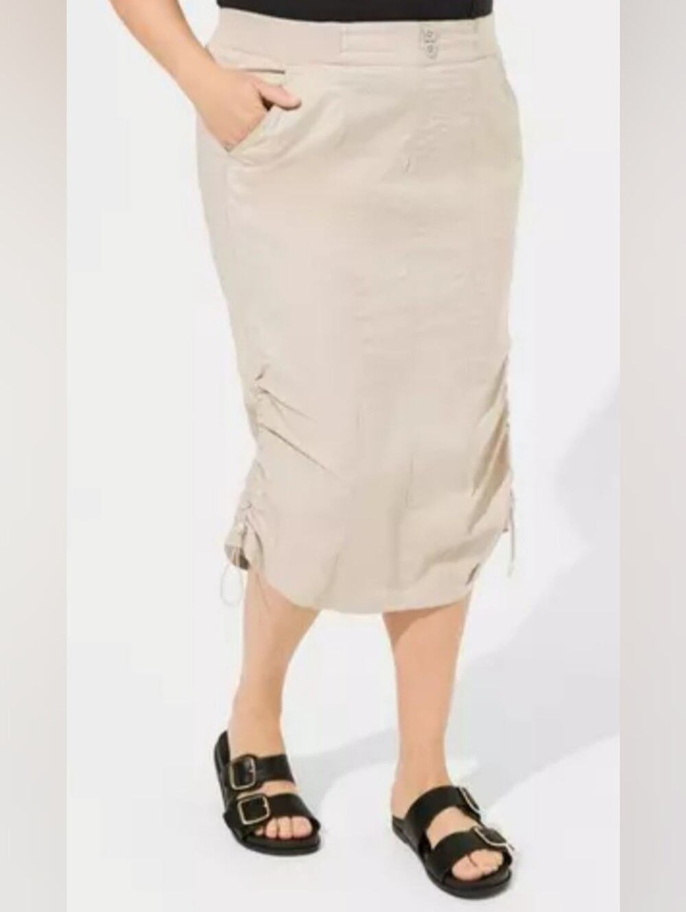 Torrid Plus Size 22/24 Beige Poplin Cargo Midi Skirt Ruched Sides NWT